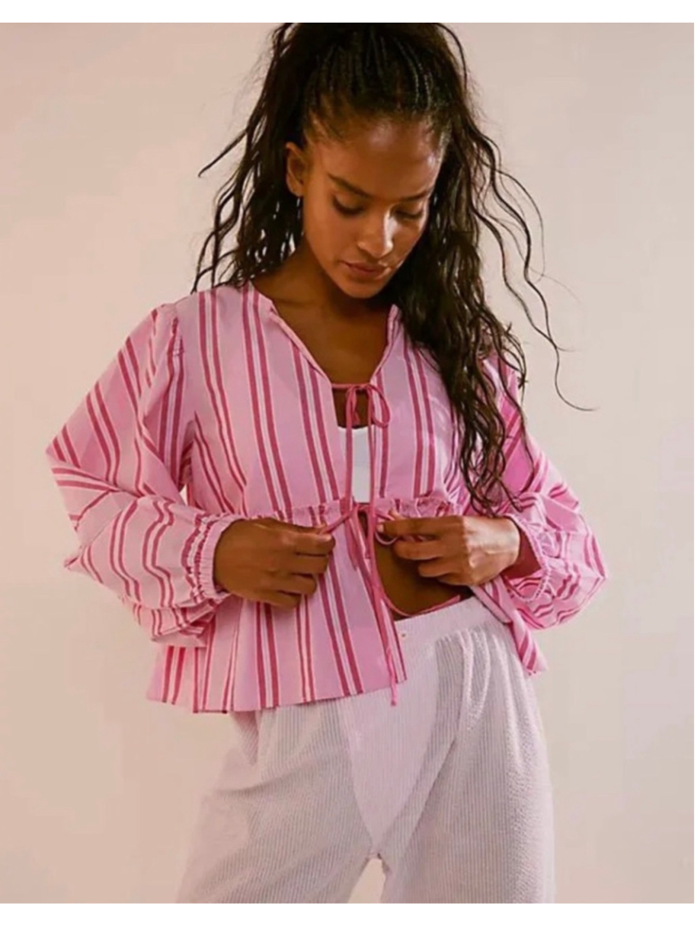 Free People Brunch Babe Top M Pink Striped Tie Front Babydoll Boho Blouse